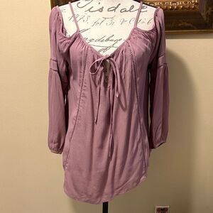 Astr Mauve Tie-Front Spaghetti strap open shoulder long poof sleeve Peasant top